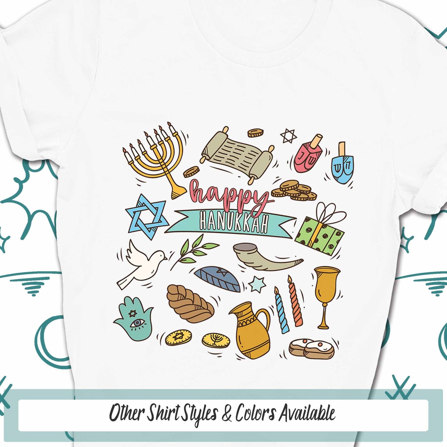 Happy Hanukkah Tee, Hanukkah Menorah Spiritual Shirt, Faith Shirt, Religious Shirt Hanukkah Gift Idea, Hanukkah Art Doodles Holiday Shirt