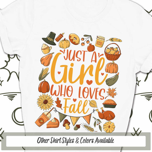 Just A Girl Who Loves Fall Shirt, Fall Leaves, October Girl, Fall Clipart Doodles Tee, Autumn Lover, Hello Fall Pumpkins, Womens Fall Shirt