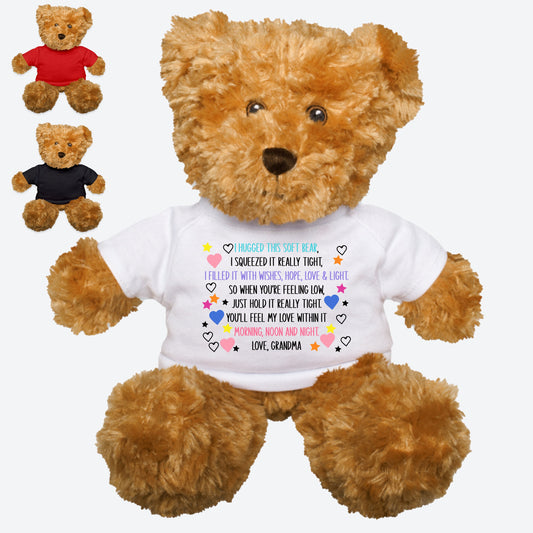 Hug From Grandma Cute Stuffed Teddy Bear Gift, Brown Teddy in Tshirt, Little Girl Gift from Grandma, Personalized Bear, Boys Graduation Bear