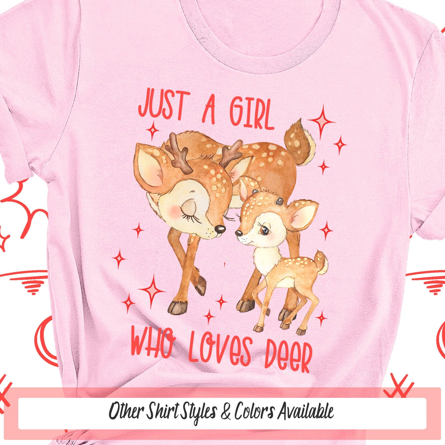 a pink t - shirt with a picture of two deers on it