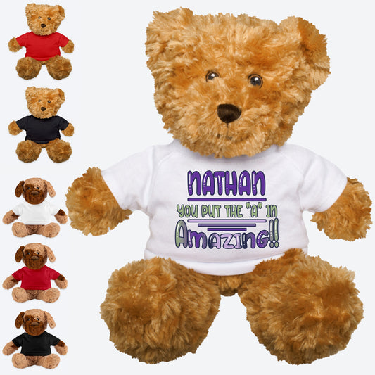 a teddy bear wearing a shirt that says nathan you can&#39;t be an amazing