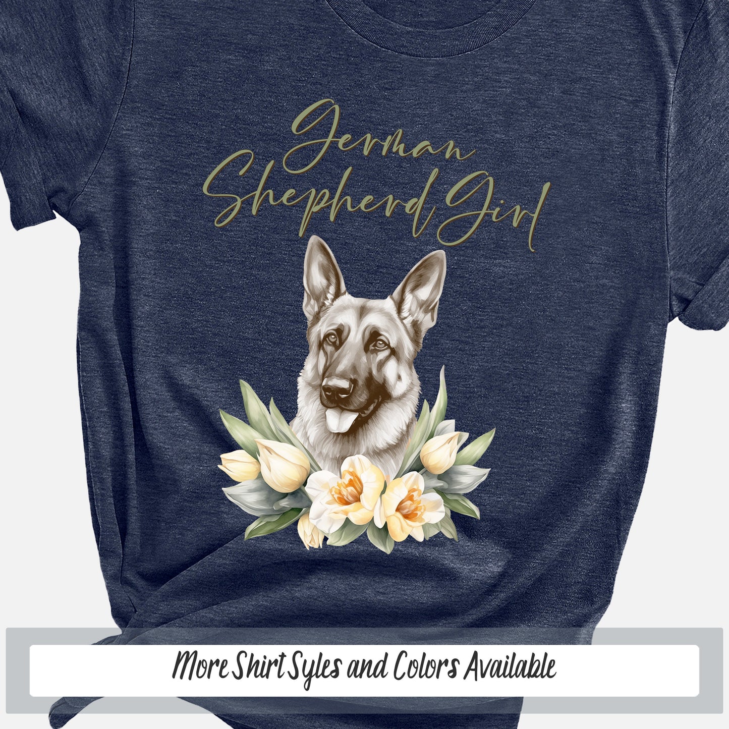 a german shepherd t - shirt with flowers on it