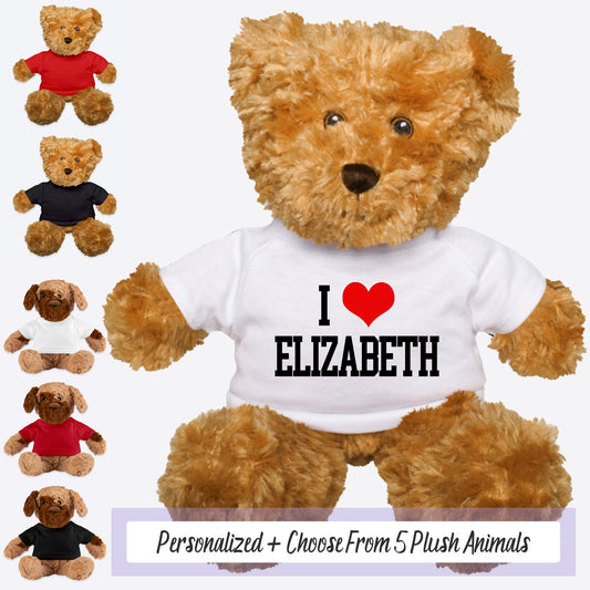 a teddy bear wearing a t - shirt that says i love elizabeth