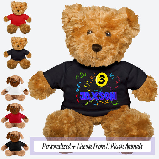a teddy bear wearing a personalized birthday shirt