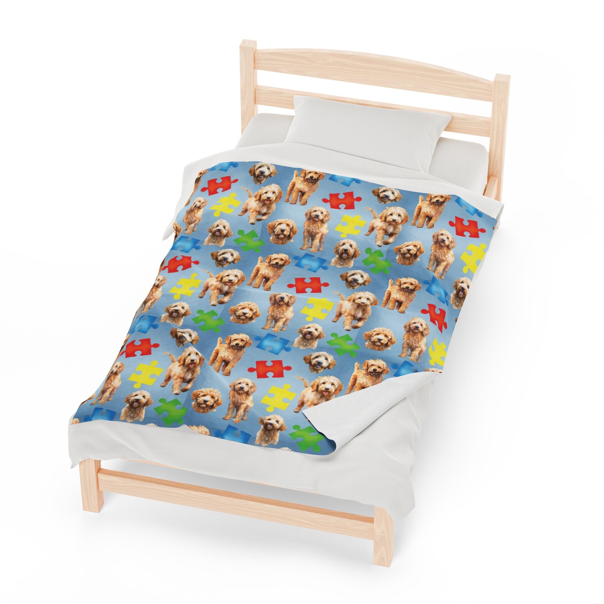 a bed with a dog pattern on it