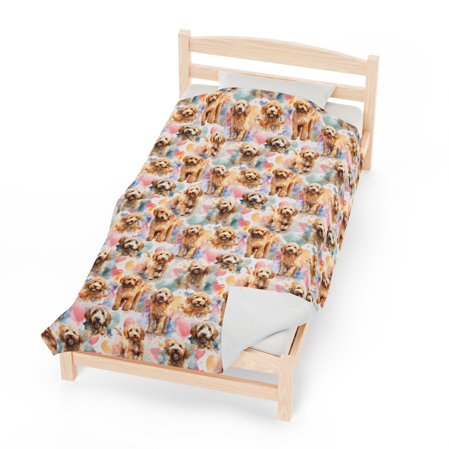 a bed with a dog pattern on it