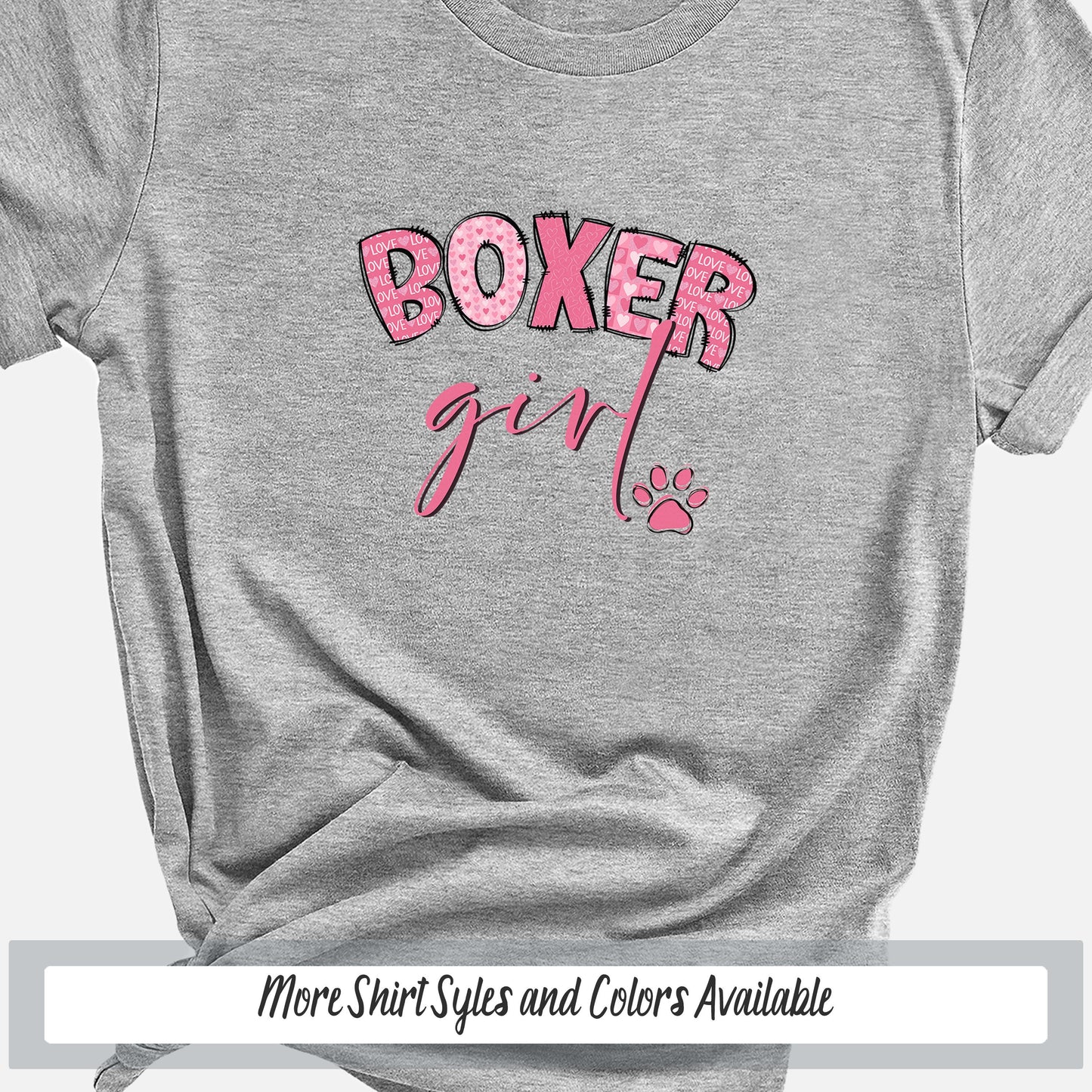 a gray shirt with pink lettering that says boxer girl