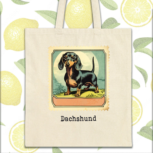 a picture of a dachshund on a tote bag