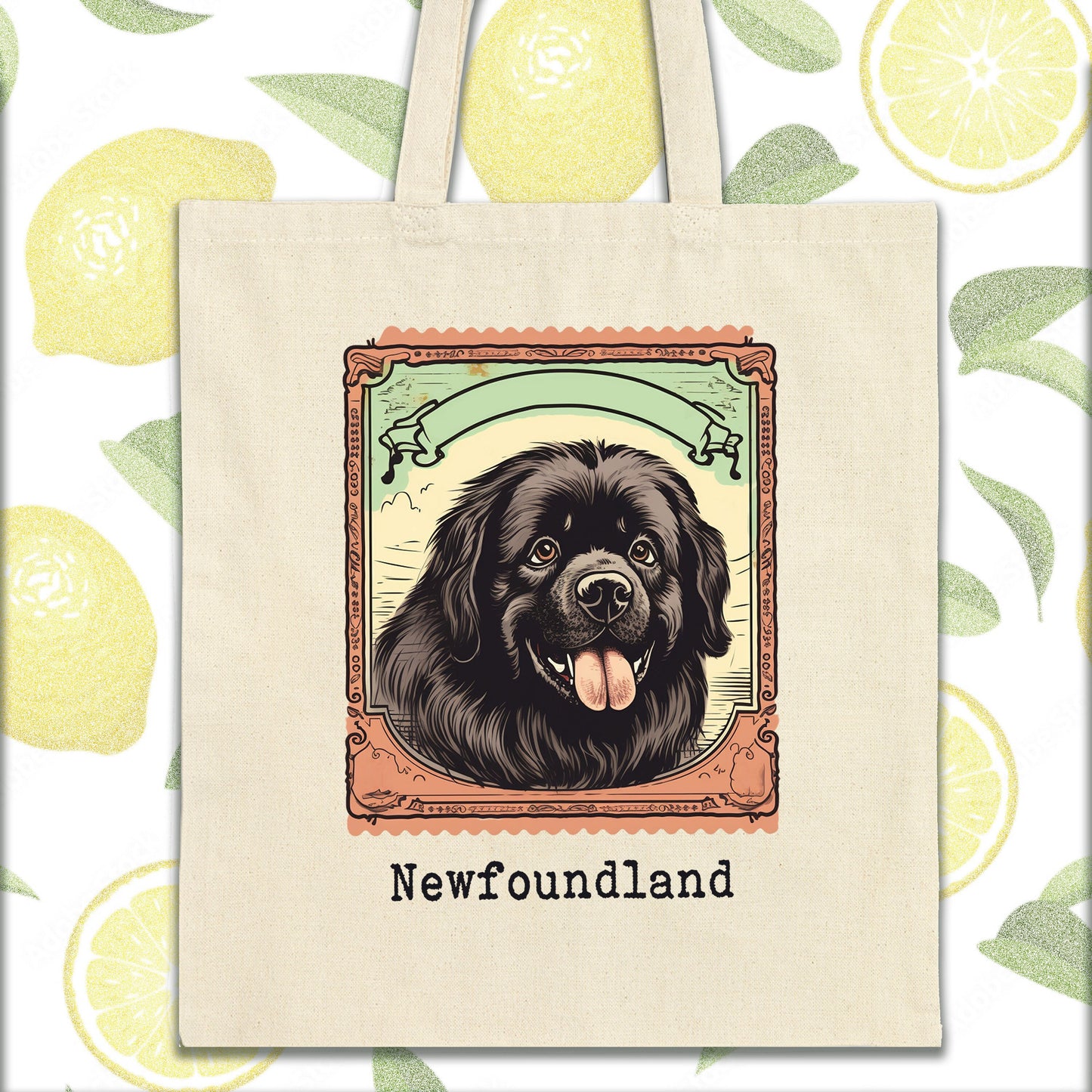 a picture of a dog on a tote bag