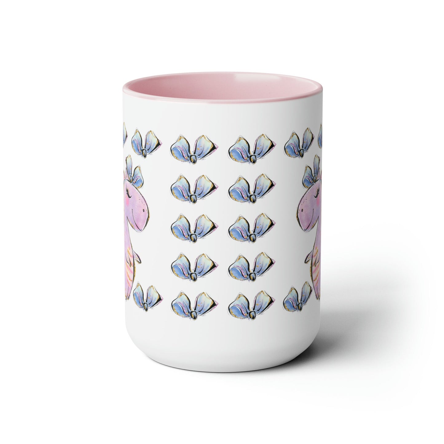 a pink and white coffee mug with a pattern of books on it