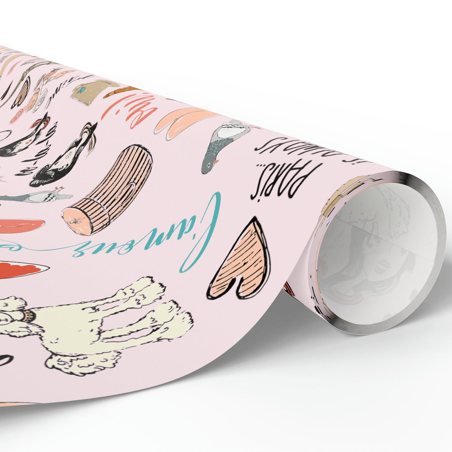 a roll of pink wrapping paper with a picture of different things on it