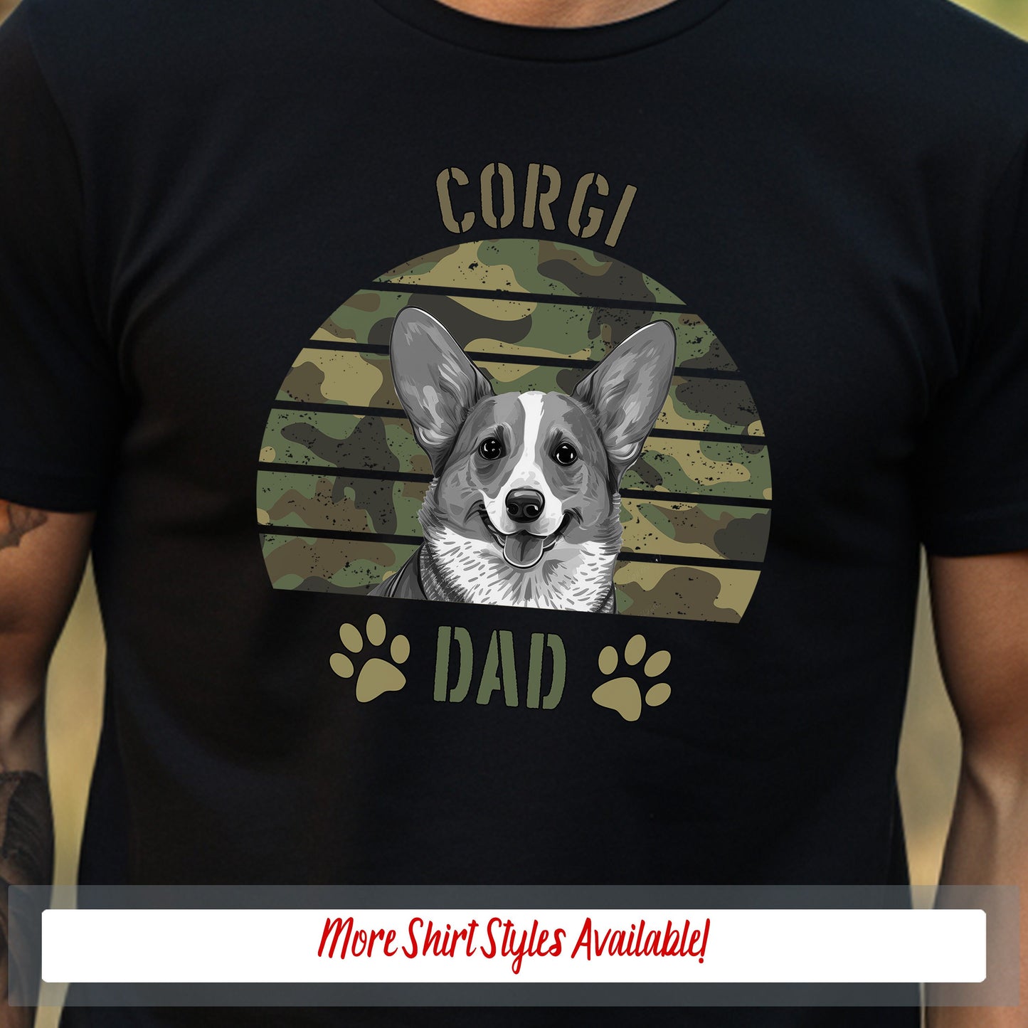 a man wearing a black shirt with a picture of a corgi on it