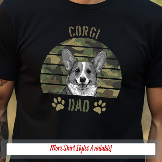 a man wearing a black shirt with a picture of a corgi on it