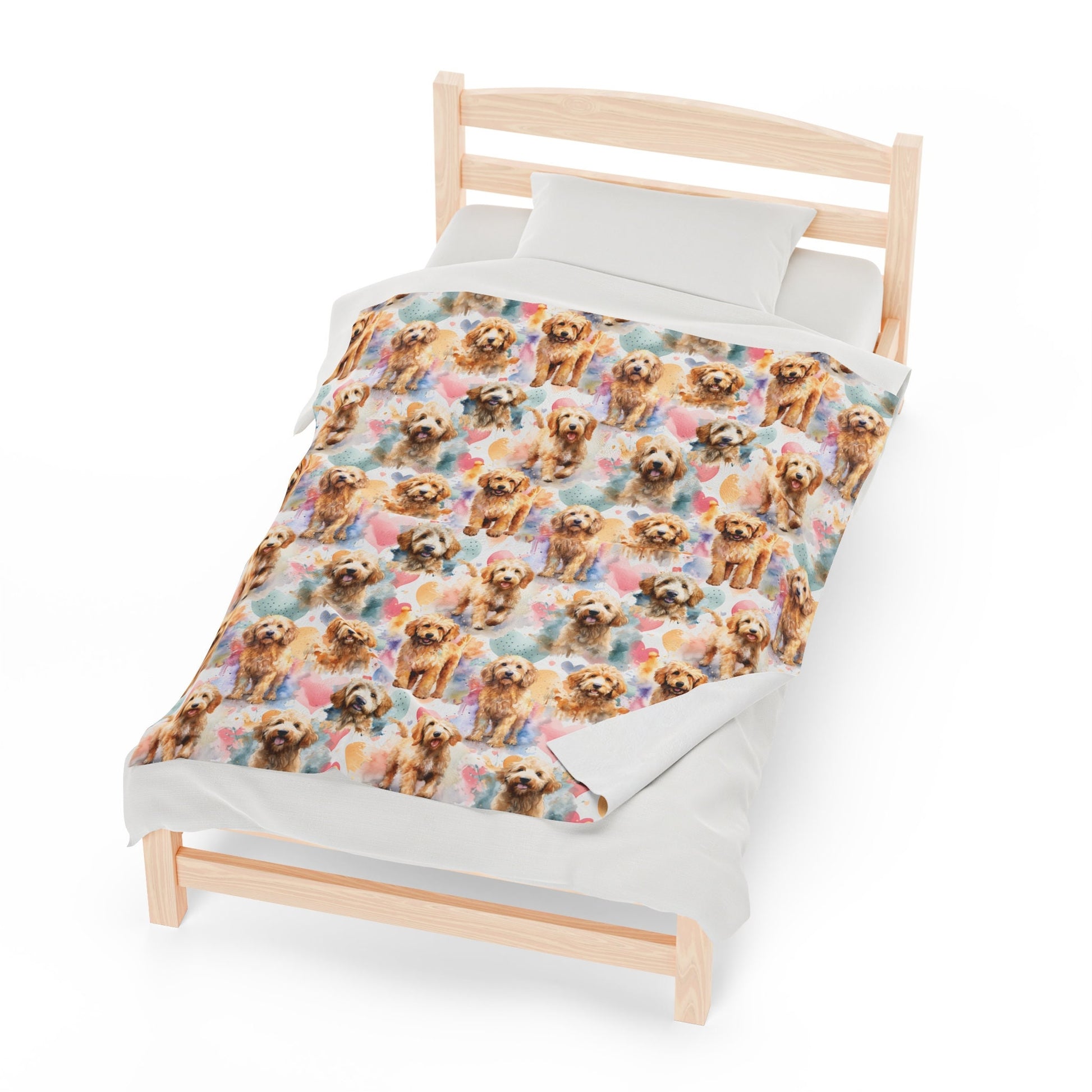 a bed with a dog pattern on it