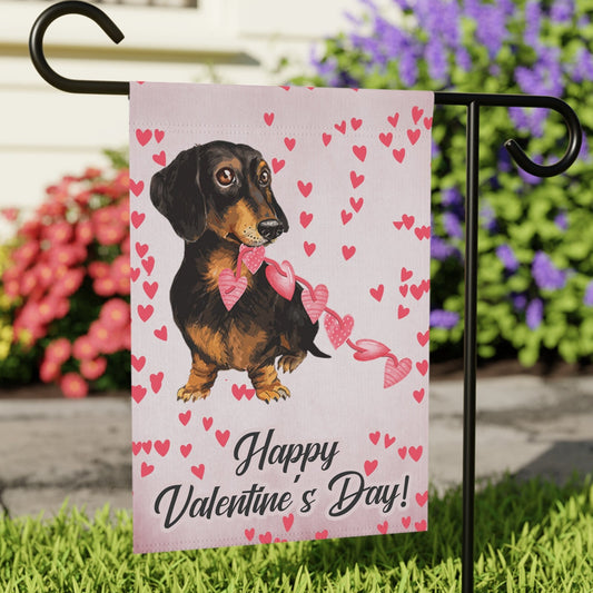 a happy valentine&#39;s day card with a dachshund holding a bow