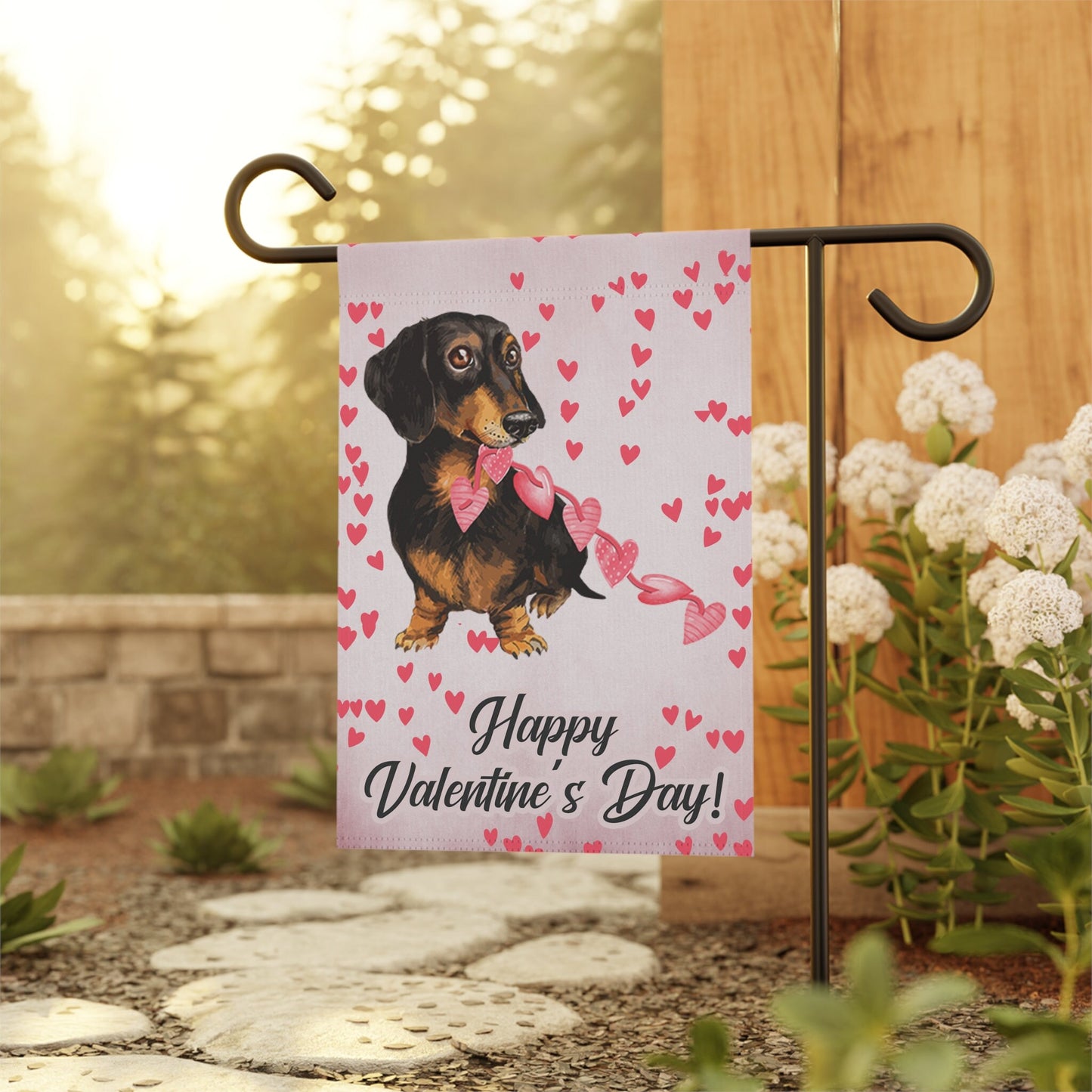 a happy valentine's day card with a dachshund holding a bow