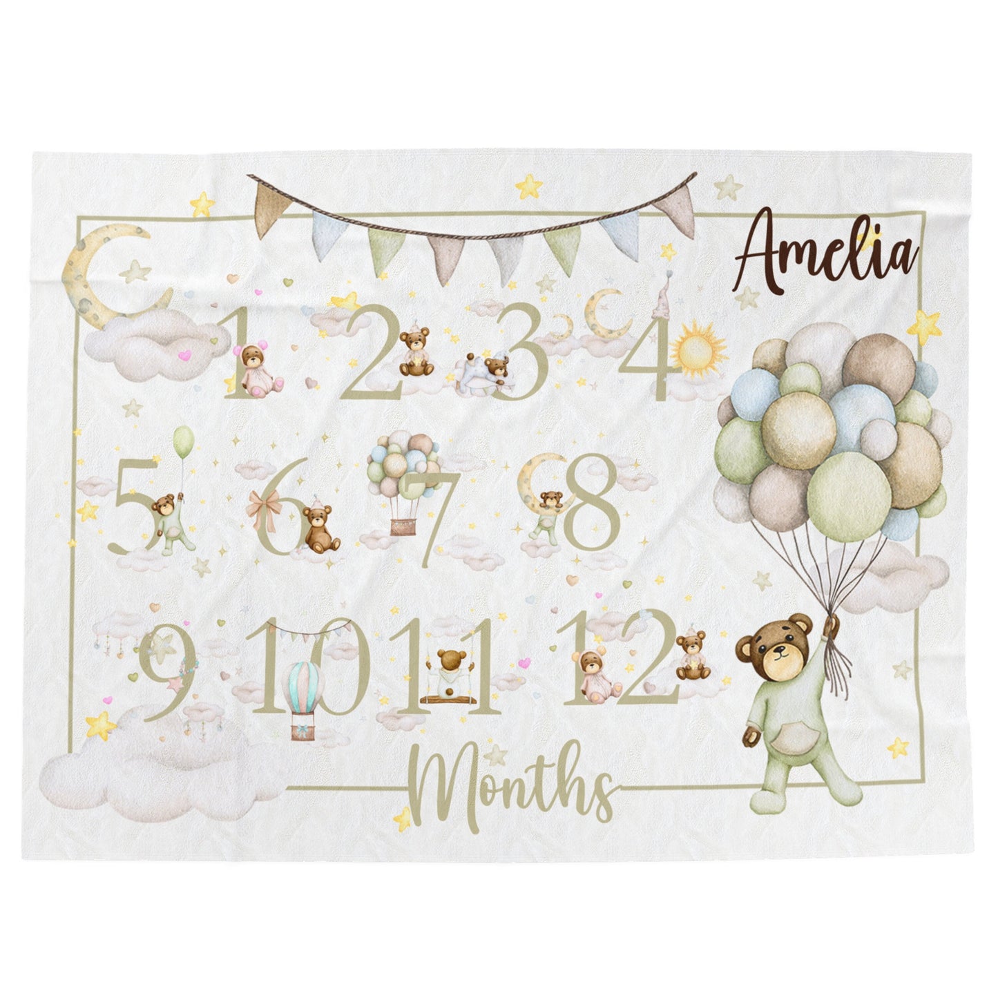 a birth announcement with a teddy bear holding a bunch of balloons