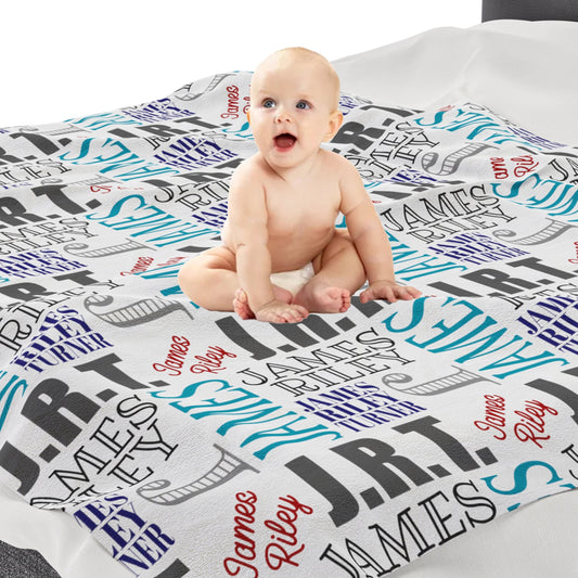 a baby is sitting on a blanket on a bed