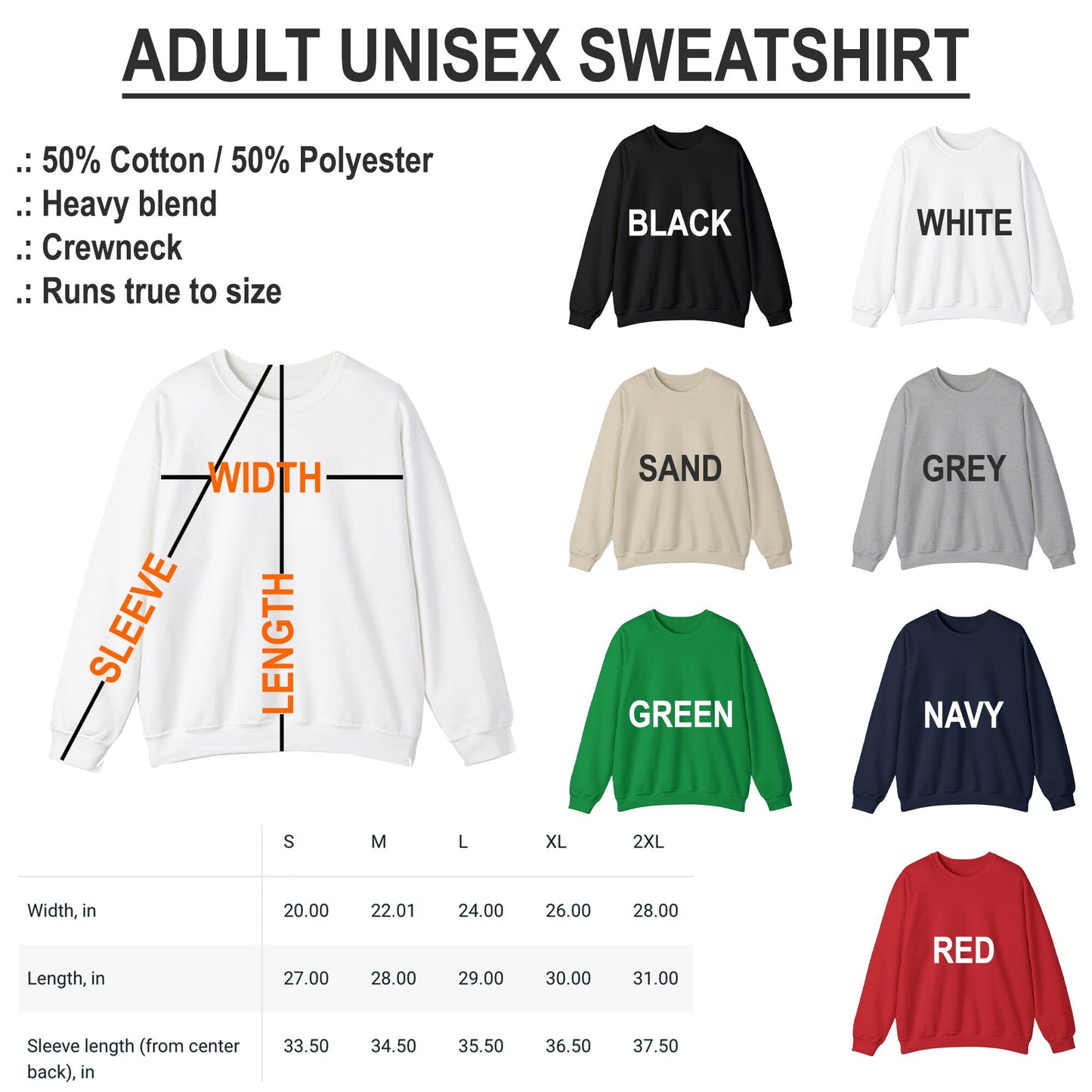 a diagram of a sweatshirt with different colors and sizes
