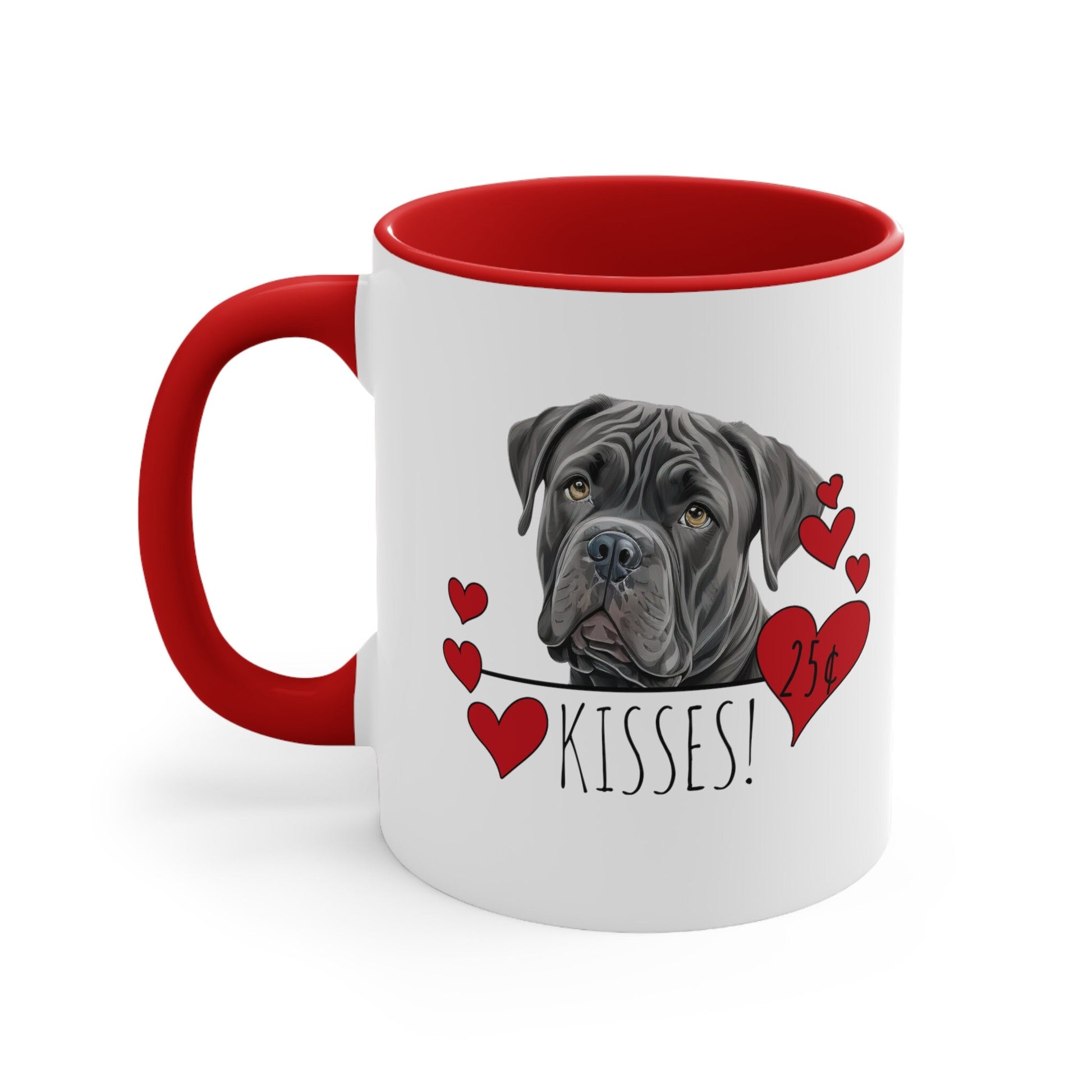 a red and white coffee mug with a picture of a dog