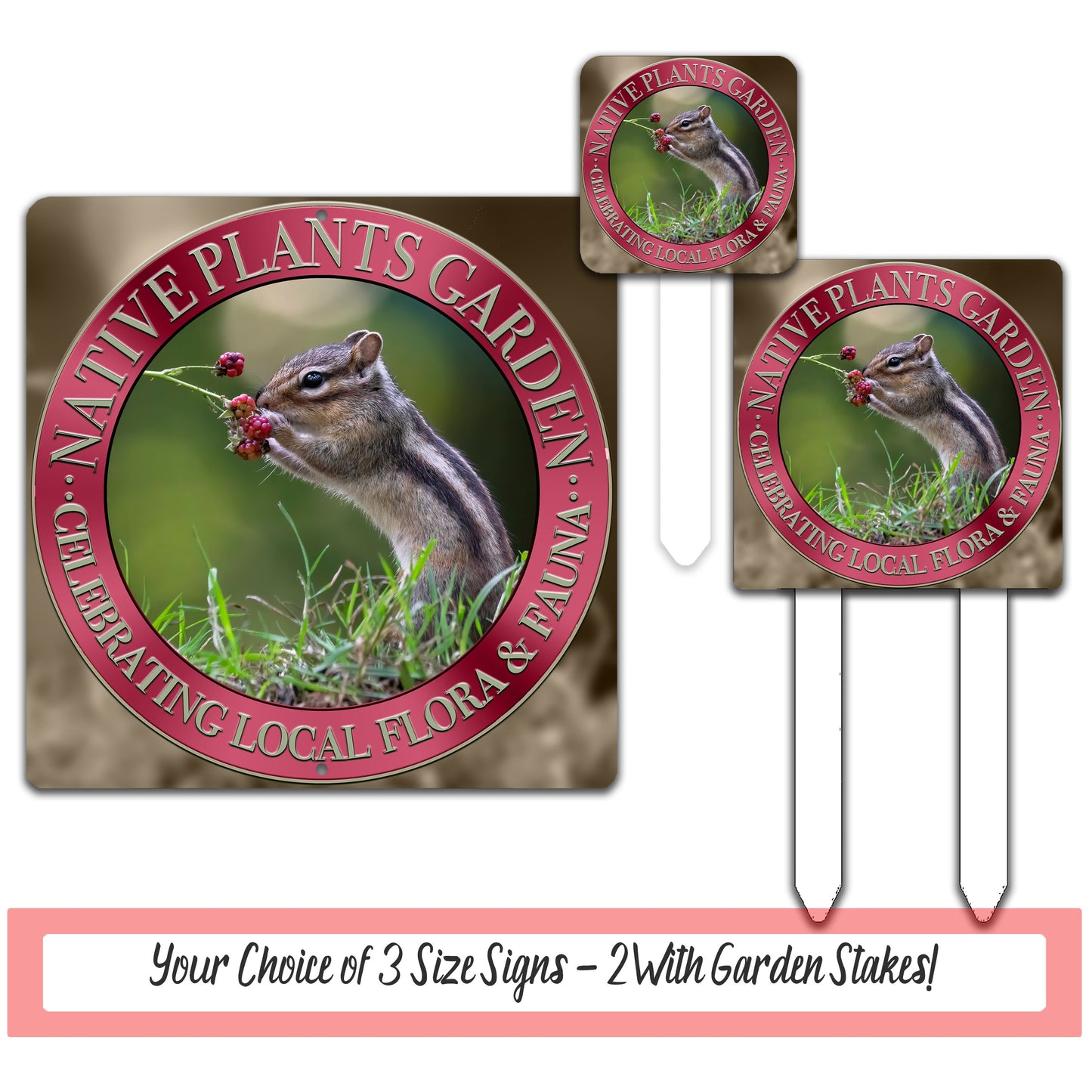 a set of three stickers with a picture of a chipmun eating a flower