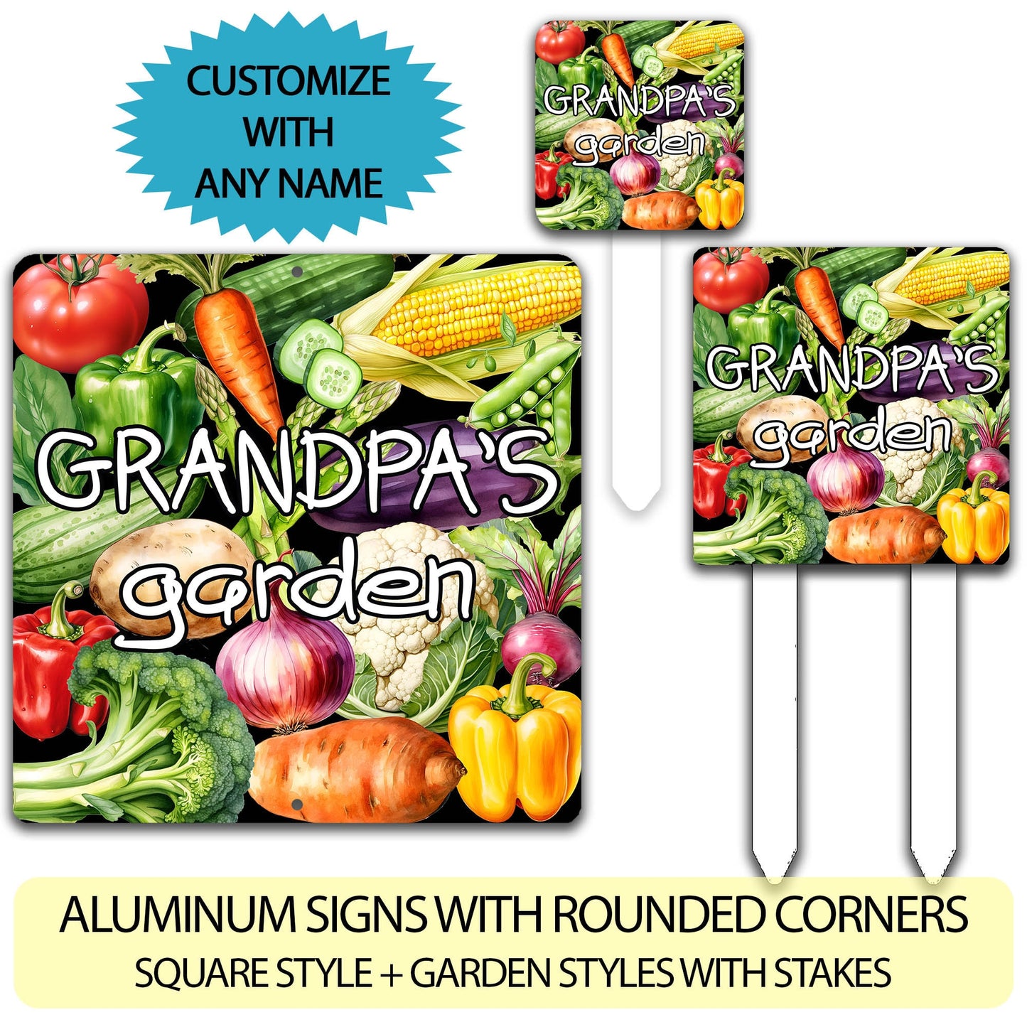 a set of four signs with vegetables on them