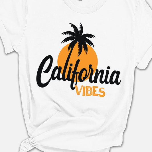 a white t - shirt with a palm tree and the words california vibes
