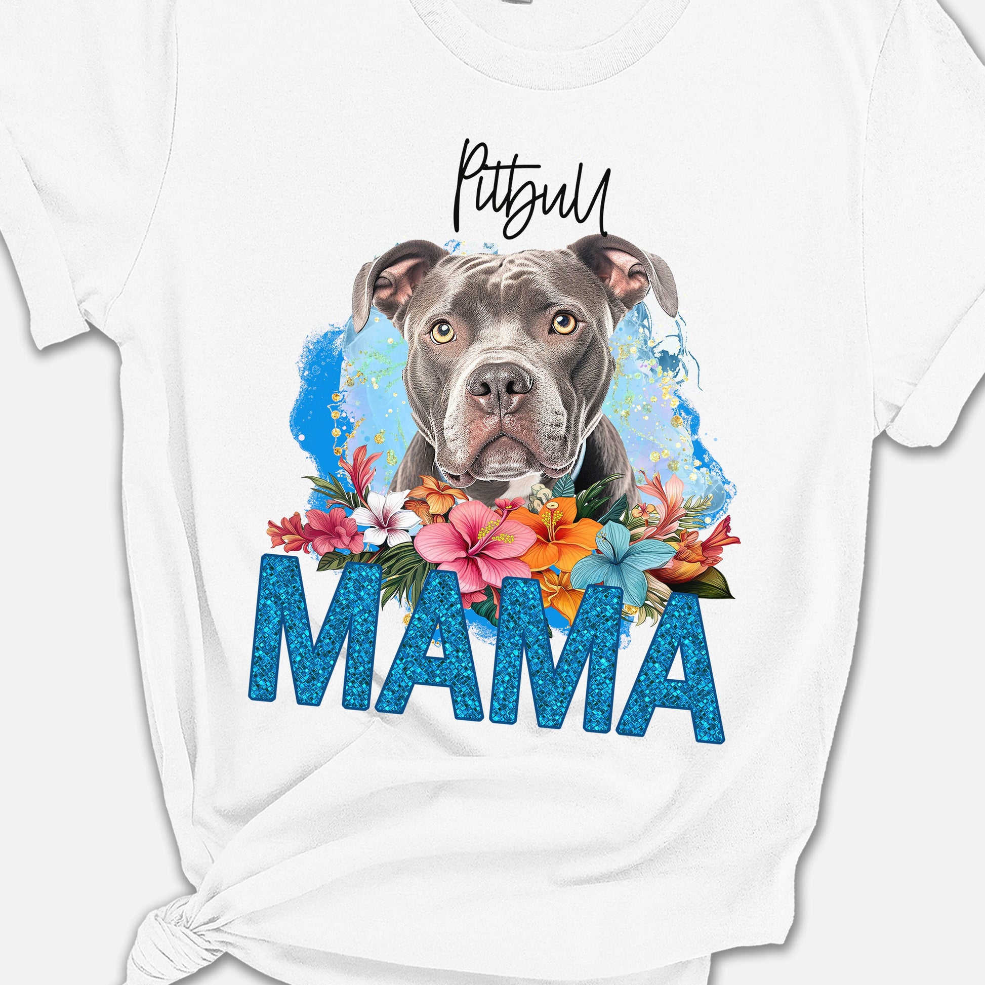 a white t - shirt with a dog&#39;s face and name