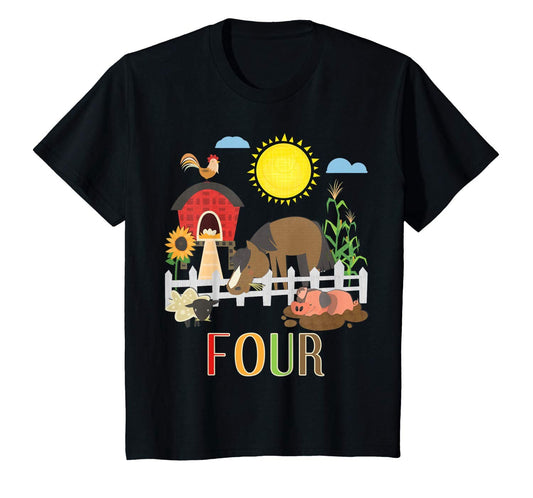 Kids  Barnyard Birthday Party Farm Pig Horse Chicken Sunflower T-Shirt All Ages 1 2 3 4 5 6 7 8 9 10 11 12 Years Old