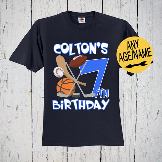 Personalized All Sports Birthday Shirt, Sports Theme, Hockey Shirt, Basketball Shirt, Baseball Shirt, Football Shirt, Sports Party Shirt
