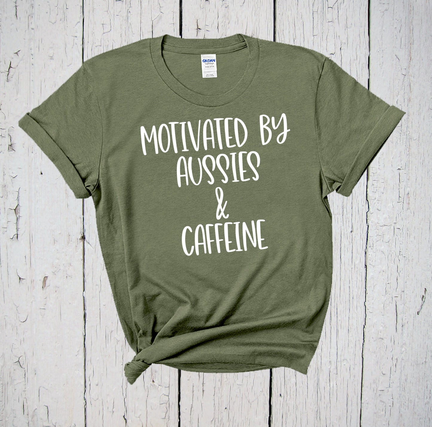 Motivated by Aussies & Caffeine, Australian Shepherd Dog Mama Shirt, Coffee Lovers Gift, Graphic T Shirts for Women, Funny Dog Lovers Shirt