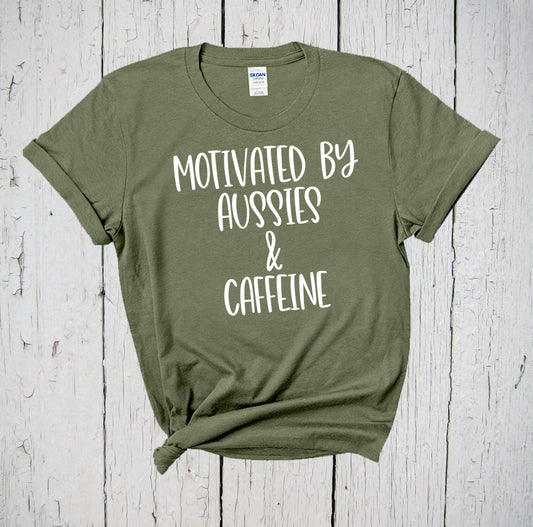 Motivated by Aussies & Caffeine, Australian Shepherd Dog Mama Shirt, Coffee Lovers Gift, Graphic T Shirts for Women, Funny Dog Lovers Shirt