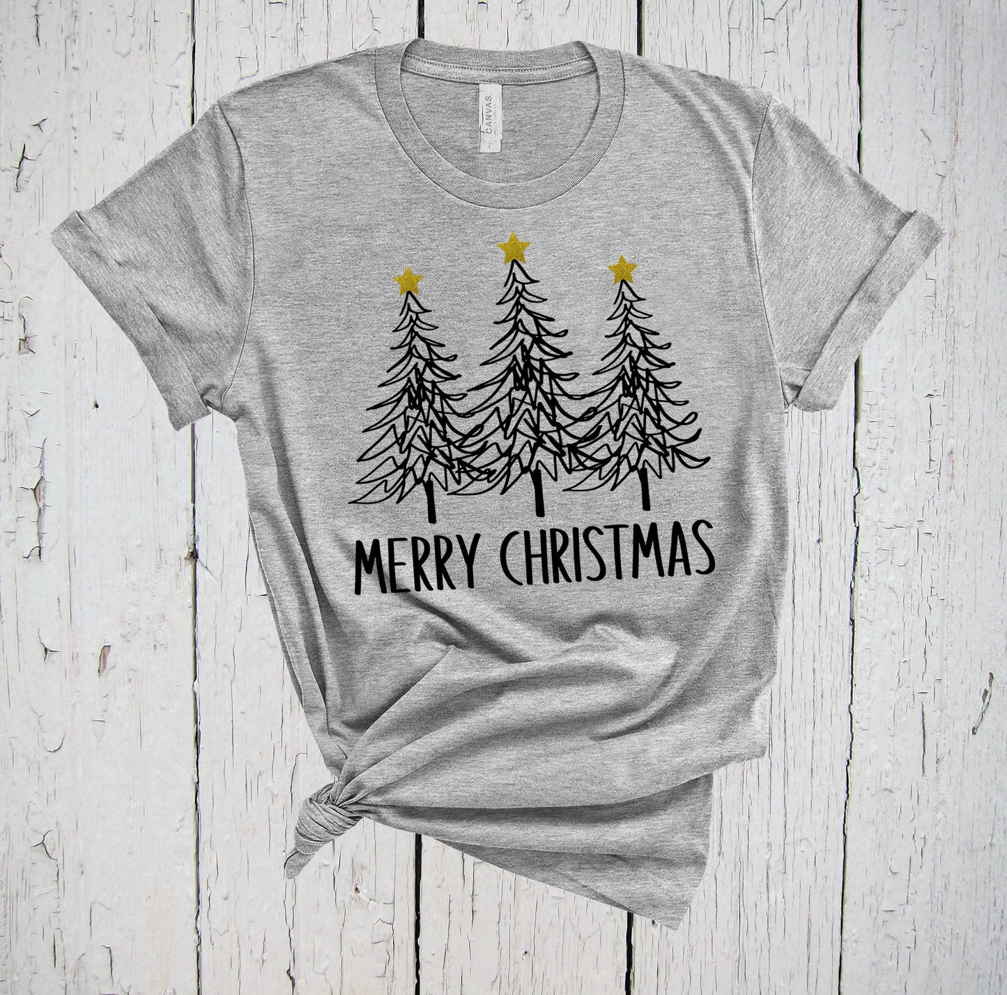 Merry Christmas Pine Trees & Gold Stars Holiday Shirt, Very Cute Women's Tee, Matching Family Xmas Tops for Winter Vacation Get Togethers