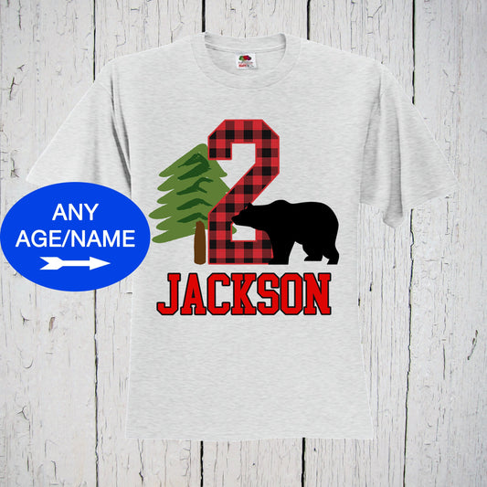 Lumberjack Second Birthday Shirt, Bear T-Shirt, Personalized Red Buffalo Plaid Tee, Custom Gift for Boy 2nd Woodland Party, Lumber Jack