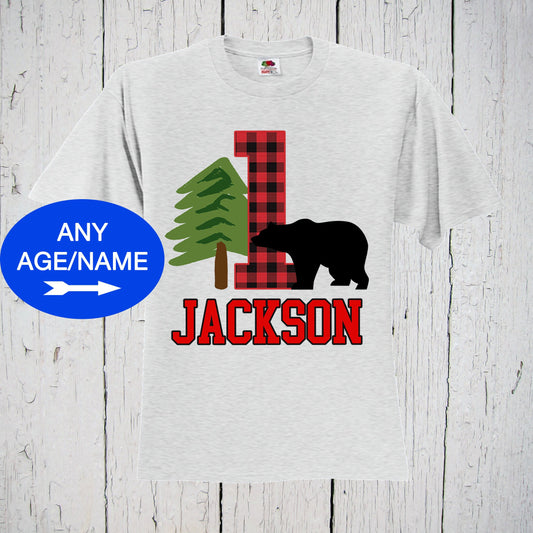 Lumberjack First Birthday Shirt, Wild One Bear T-Shirt, Personalized Red Buffalo Plaid, Custom Gift for Boy 1st Woodland Party, Lumber Jack