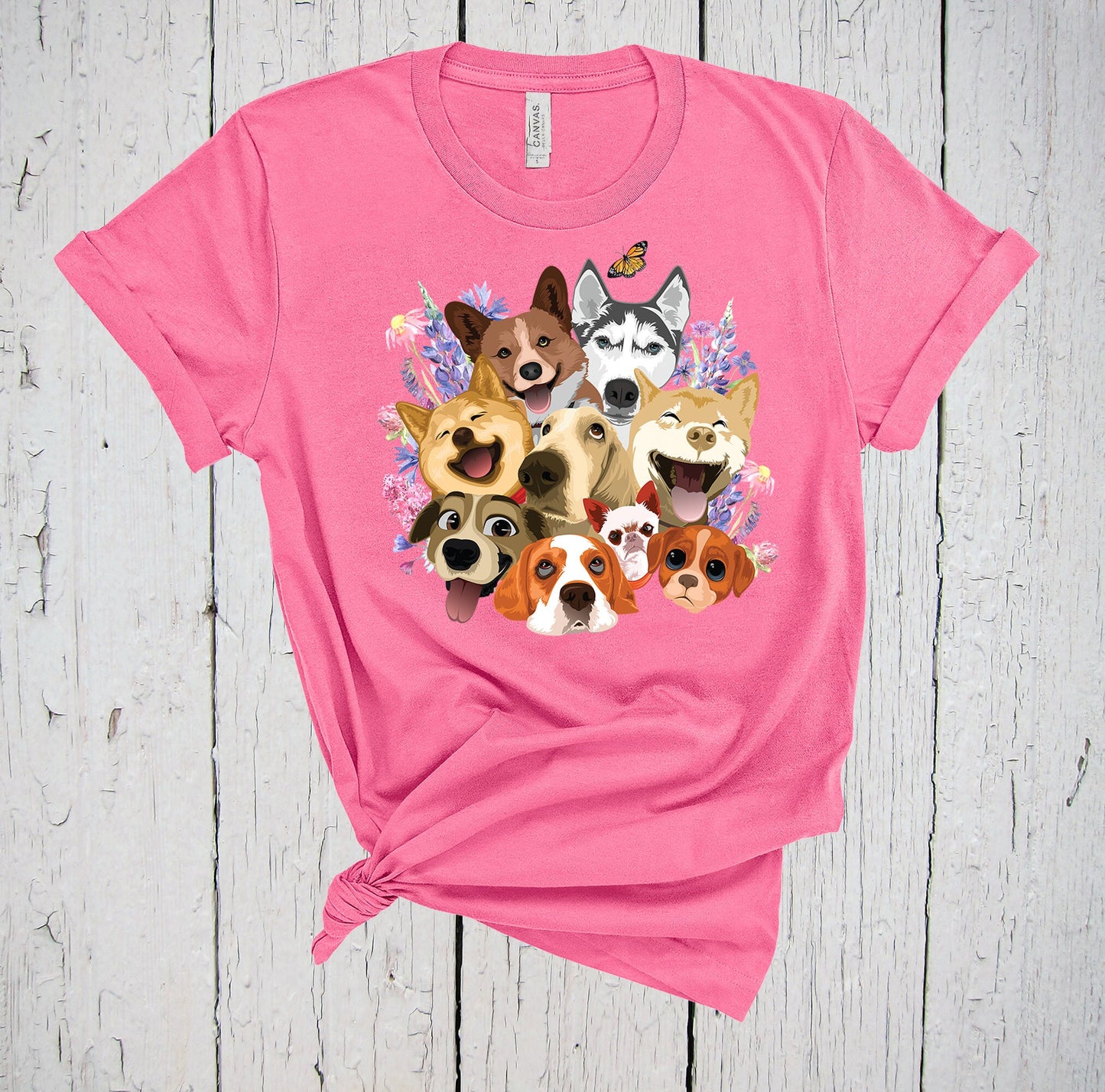Dogs Selfie Shirt, Cartoon Watercolor Dog Clipart, Fur Mama Shirt, Dog Dad, Dog Lover, Wildflowers Butterfly Art, Rescue Mom, Adopt Foster