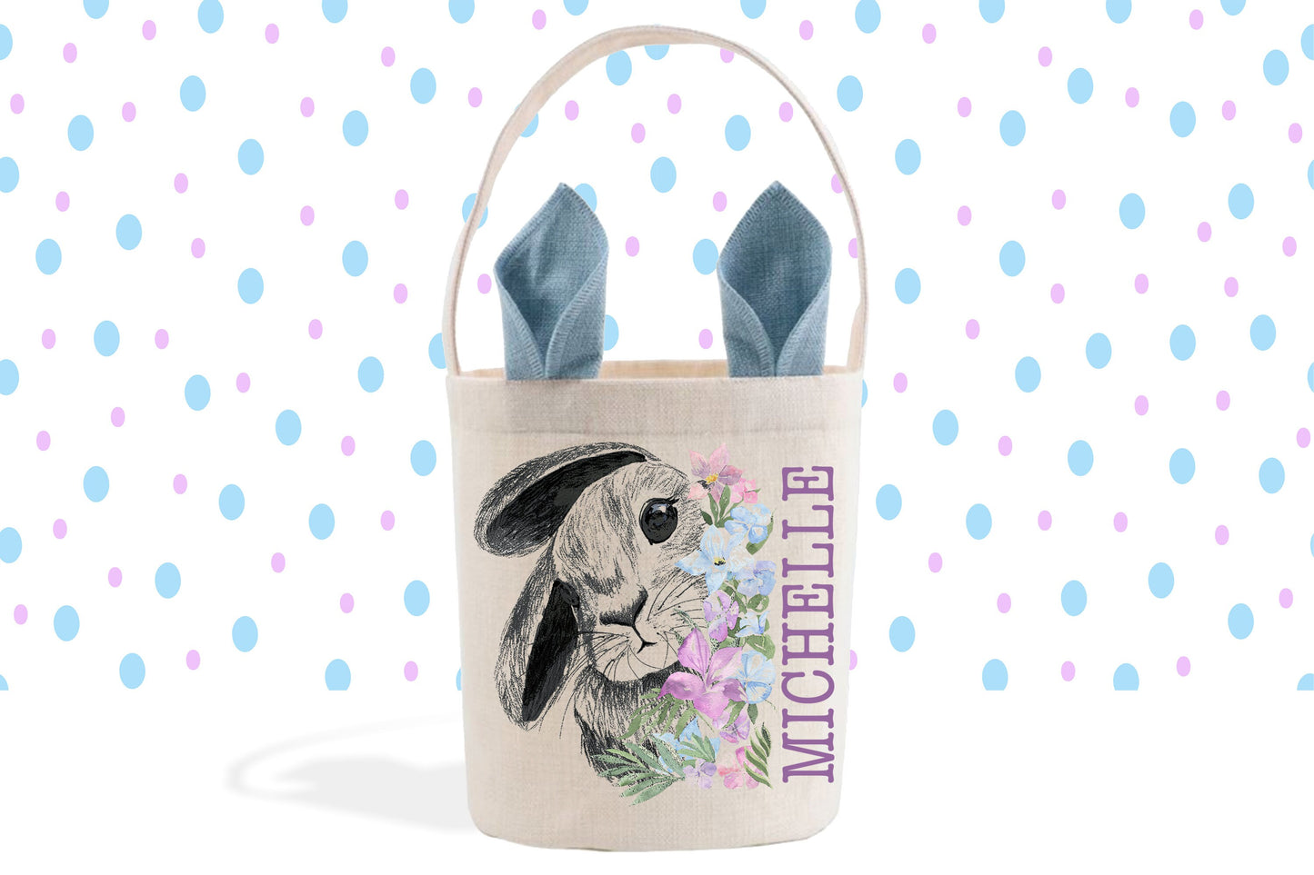 Curious Easter Bunny Flowers, Personalized Easter Basket, Custom Gift Basket, Easter Bunny Tote Bag, Girl's Linen Easter Bag, Bunny Rabbit