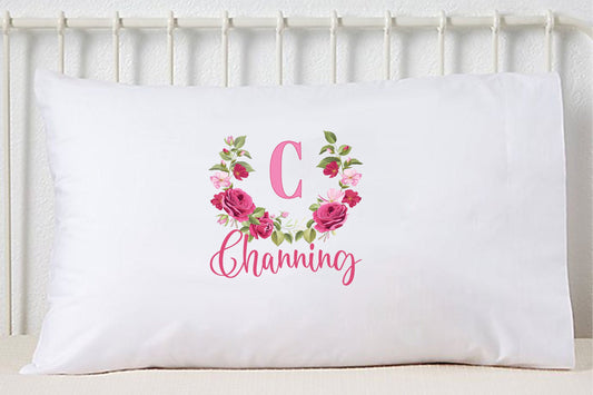 Girly Chic Pillowcase, Custom Name, Rose Wreath, Personalized Pillowcase, Monogram Pillowcase, Girl Room Decor, Standard Size Pillow Case
