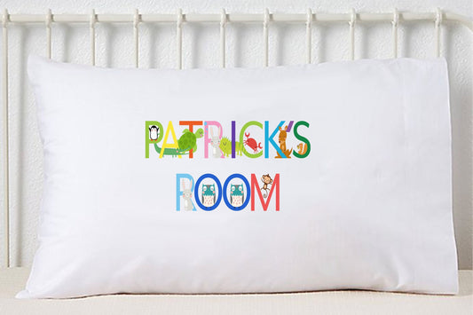 Custom Name Pillowcase, Alphabet Animals, Personalized Pillow Case, Boy Pillowcase, Girl Pillowcase, Kids Room Decor, Standard Size Pillow