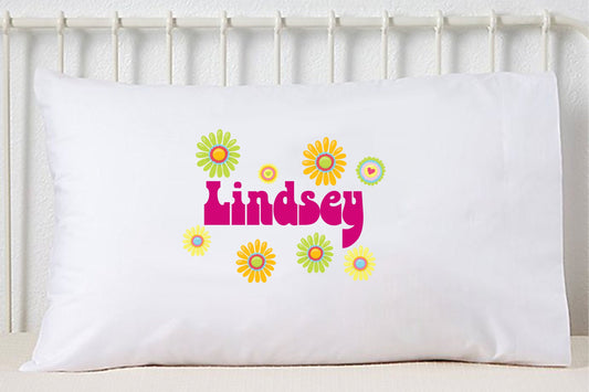Flower Power Pillowcase, Girl Custom Pillowcase, Personalized Pillowcase, Retro Bedroom Decor, Psychedelic Floral, Standard Size Pillow Case