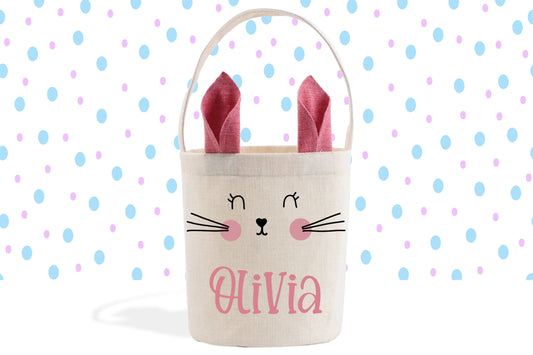 Girl's Easter Basket, Bunny Ears, Easter Gift Basket, Easter Basket Personalized, Easter Bunny Bag, Pink Ears, Custom Linen Basket for Girls