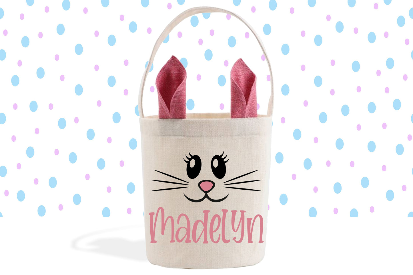 Girl's Easter Basket, Cute Eyes & Pink Ears, Personalized Easter Basket, Custom Gift Basket, Easter Bunny Bag, Linen Easter Bag for Girls