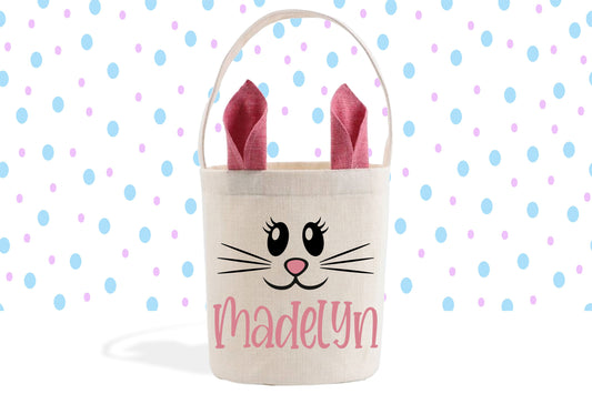Girl's Easter Basket, Cute Eyes & Pink Ears, Personalized Easter Basket, Custom Gift Basket, Easter Bunny Bag, Linen Easter Bag for Girls