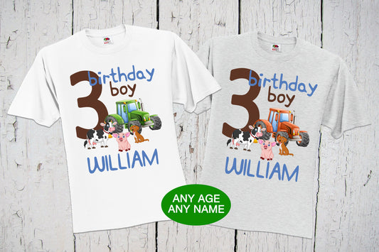 Tractor Birthday Shirt, Barnyard Birthday, McDonald Theme Party, Red Green Yellow Blue Orange Tractor, First 1st Birthday Boy Farm Animals