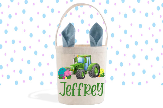Tractor Easter Eggs, Boy's Easter Basket, Blue Bunny Ears, Gift Basket, Custom Easter Pail, Personalized Easter Bunny Bag, Boys Linen Basket