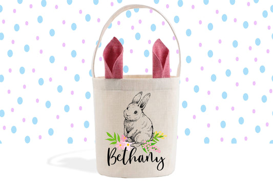 Easter Bunny Flowers, Personalized Easter Basket, Custom Gift Basket, Easter Bunny Bag, Linen Easter Bag for Girls, Bunny Rabbit, Tote Bag