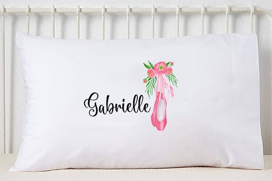 Custom Pillowcase, Ballet Slippers, Ranunculus Floral Ballerina Art, Personalized Pillowcase, Girl's Room Decor, Standard Size Pillow Case