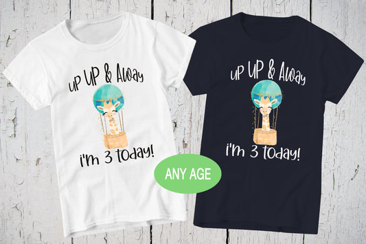 Up Up & Away I'm 3 Today, Hot Air Balloon, Giraffe Shirt, Third Birthday Party Shirt, 3rd Birthday, Girls Birthday, Birthday Shirt for Boy
