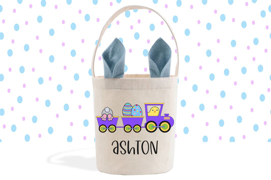 Train Easter Basket, Bunny Ears, Easter Gift Basket, Easter Basket Personalized, Easter Bunny Bag, Blue Ears, Custom Linen Basket for Boys