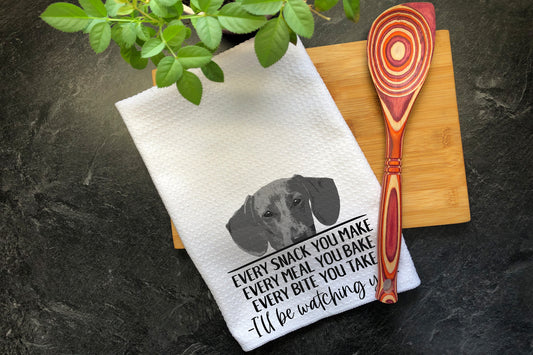 Dachshund Tea Towel, Every Snack You Make I'll Be Watching You, Waffle Weave Kitchen Towel, Hand Printed Dish Towel, Funny Weiner Doxie Dog